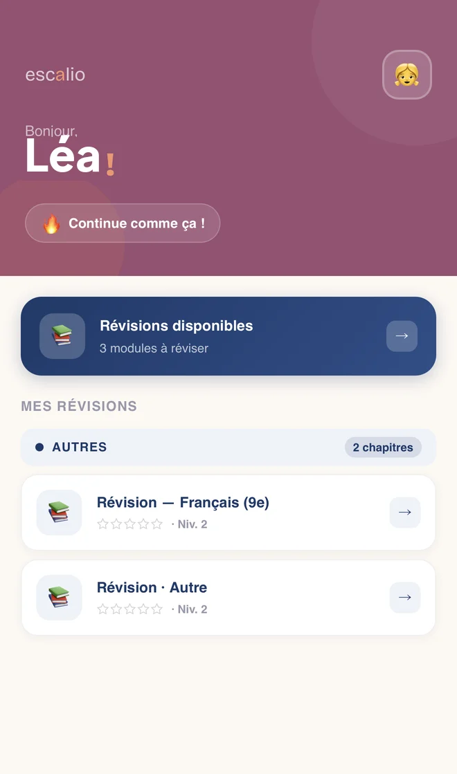 Your child's space in Escalio: their revision sessions, ready to start