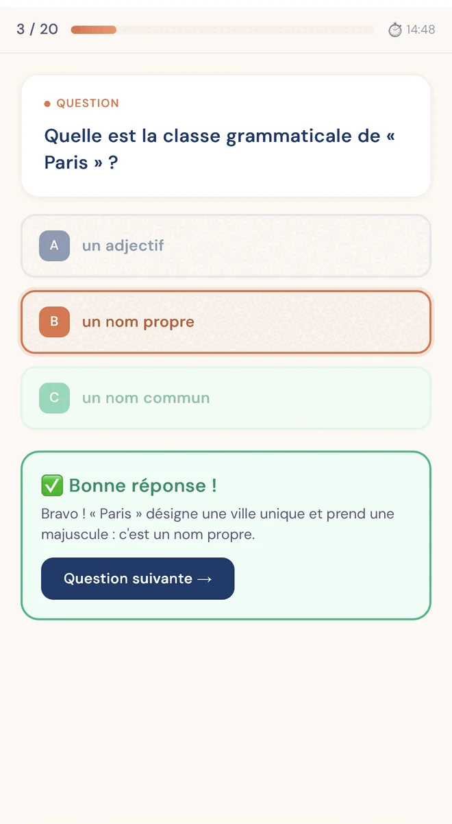 A French exercise in Escalio: one question at a time, with the explanation shown immediately