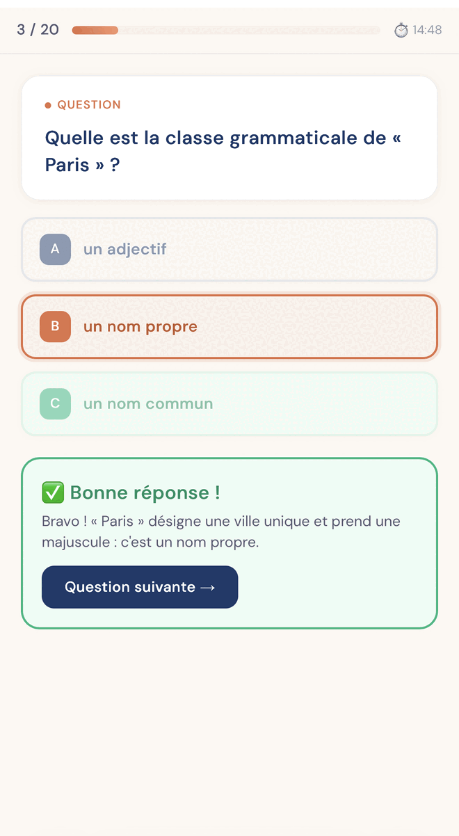 Un exercice de français dans Escalio, avec la correction expliquée en direct